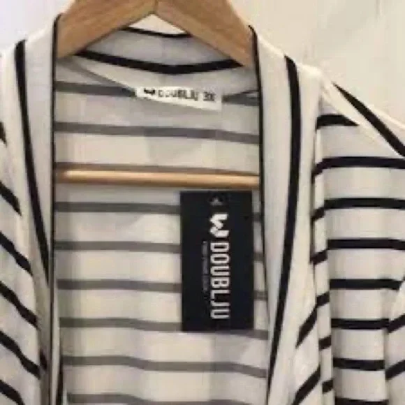 Doubleju | 3/4 Sleeve Striped Nautical Cardigan Sweater Plus Size - Picture 2 of 7